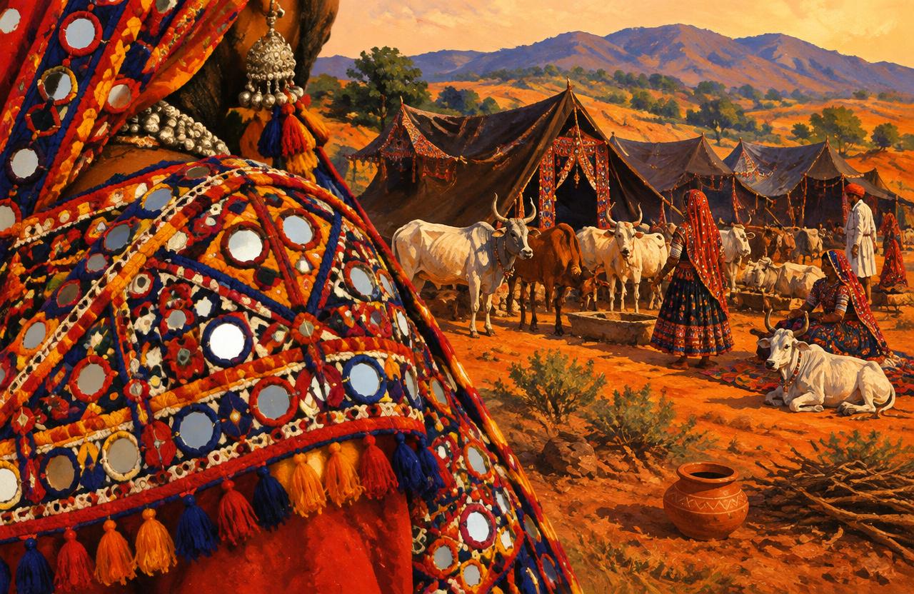 A painted Tanda settlement beside detailed Lambani mirror embroidery